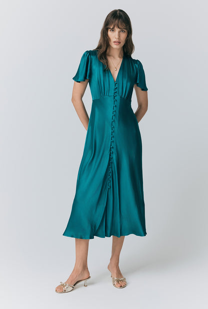 Grace Satin Button V-Neck Dress