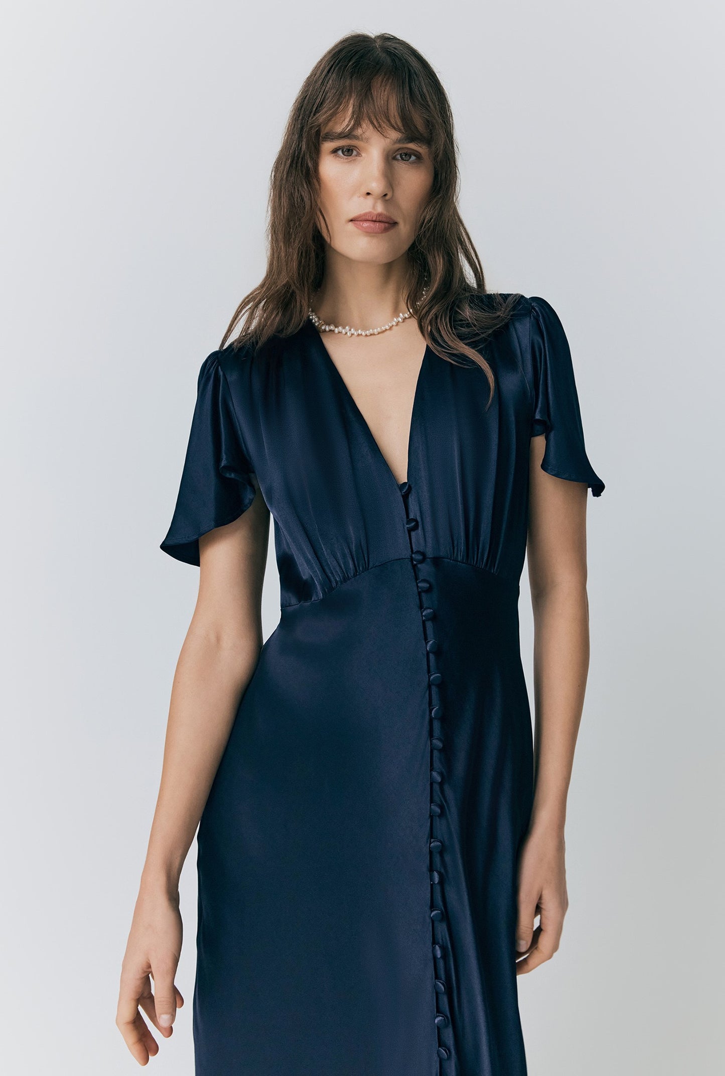 Grace Satin Button V-Neck Dress