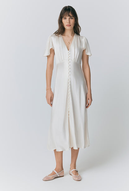 Grace Satin Button V-Neck Dress