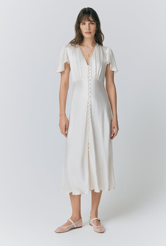 Grace Satin Button V-Neck Dress