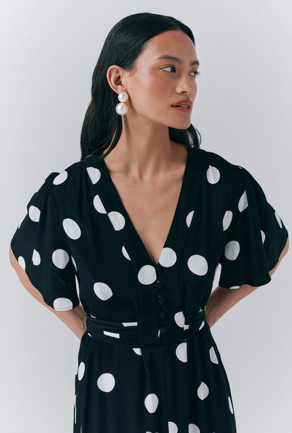 Jess Crepe Polka Dot Midi Tea Dress