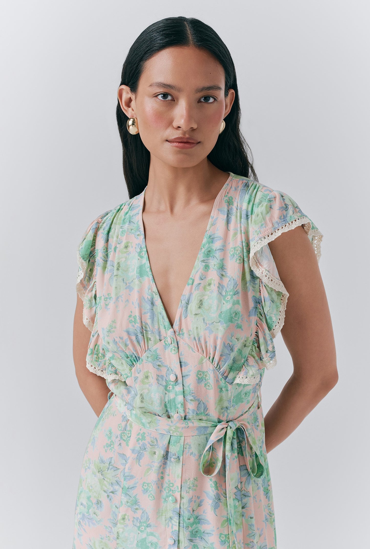 Lucia Crepe Floral Belted Midi Dress