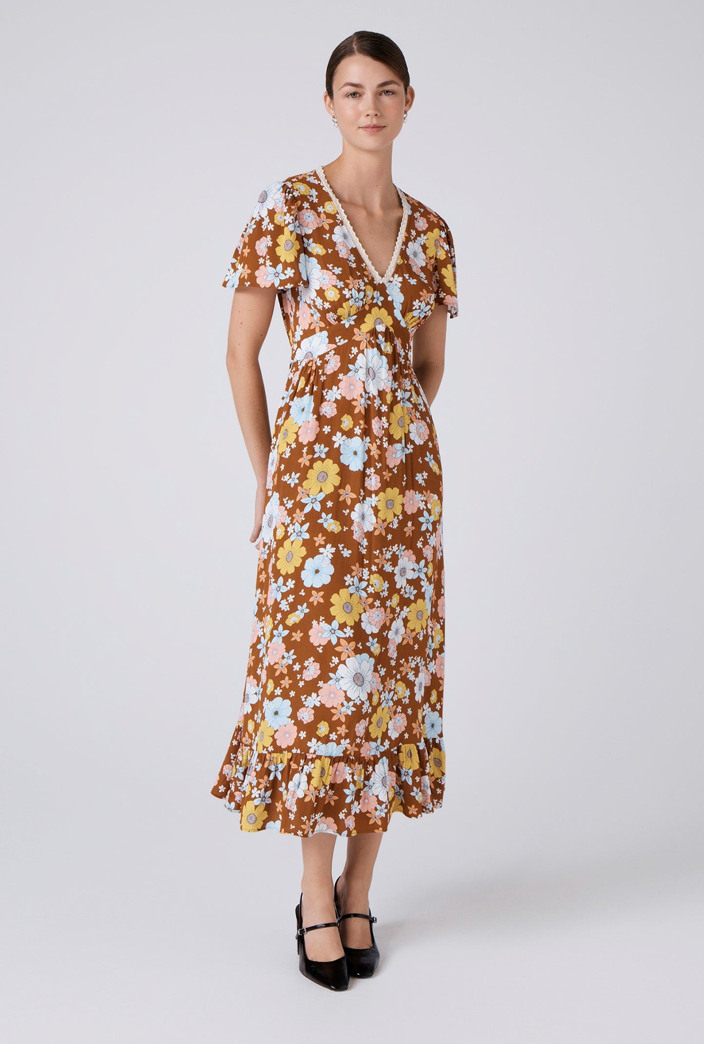 Palmer Crepe Floral Lace Trim Midi Dress