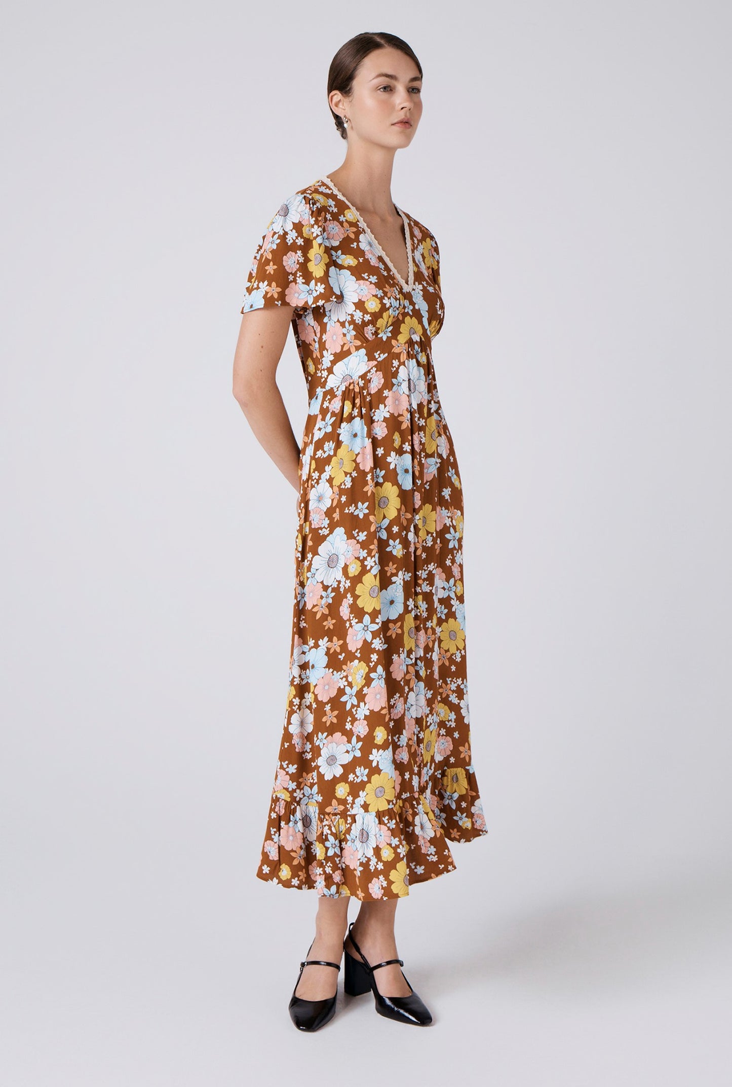 Palmer Crepe Floral Lace Trim Midi Dress