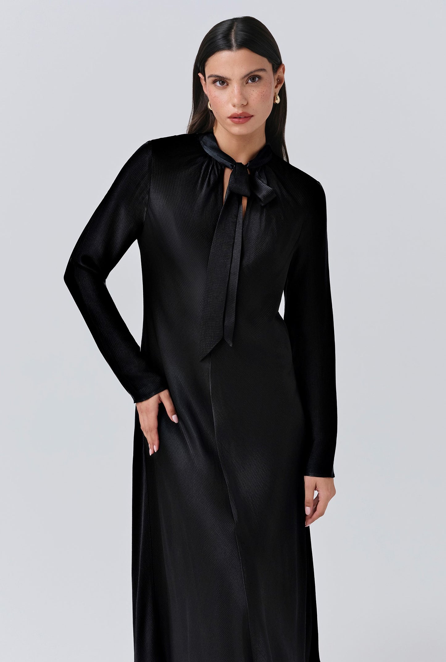 Stephanie Satin Tie Neck Midi Dress