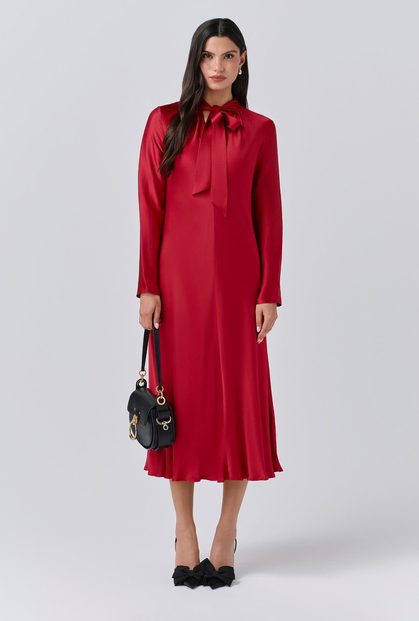 Stephanie Satin Tie Neck Midi Dress