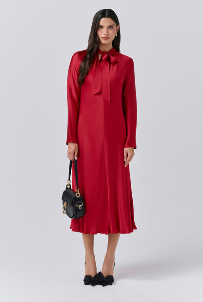 Stephanie Satin Tie Neck Midi Dress