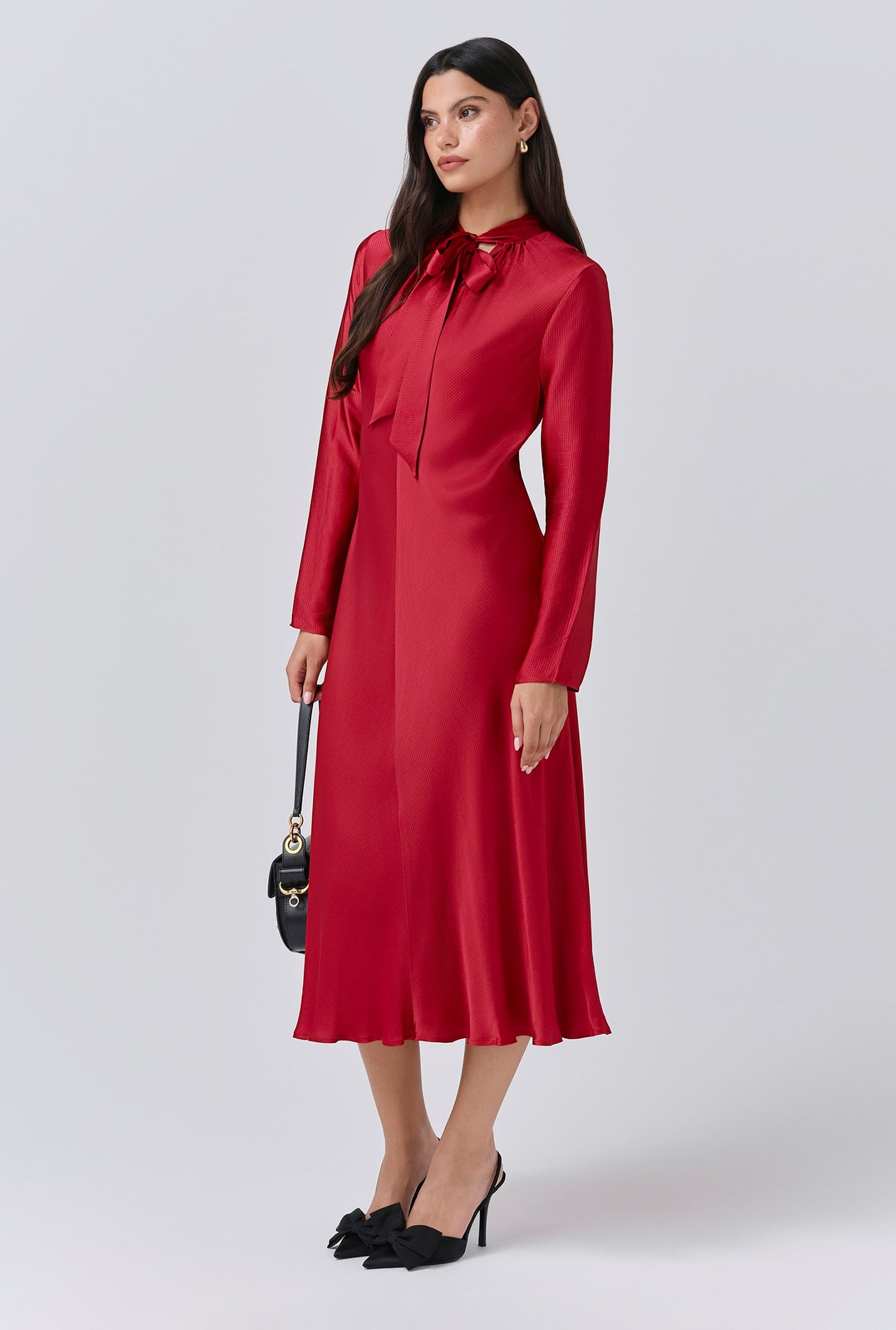 Stephanie Satin Tie Neck Midi Dress