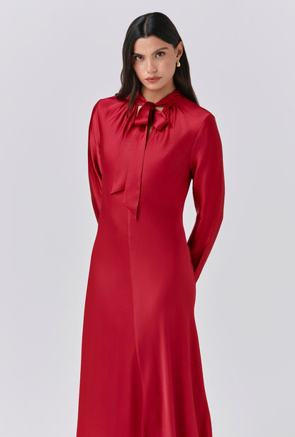 Stephanie Satin Tie Neck Midi Dress