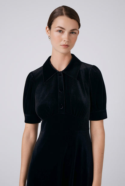 Wilma Velvet Collared Neck Midi Tea Dress