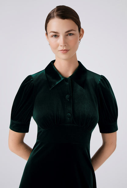 Wilma Velvet Collared Neck Midi Tea Dress