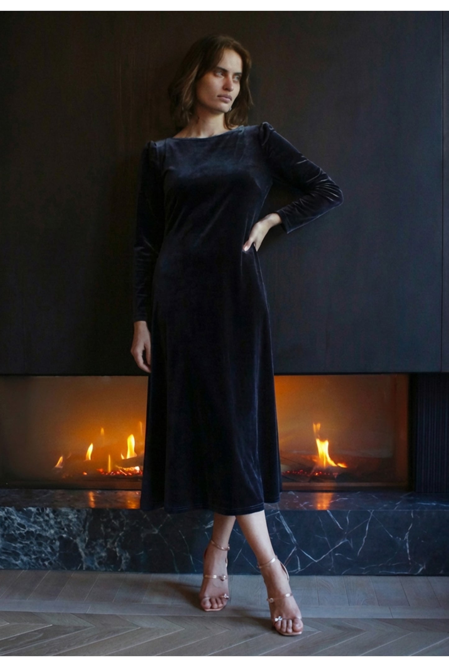 Adeline Velvet Round Neck Midi Dress