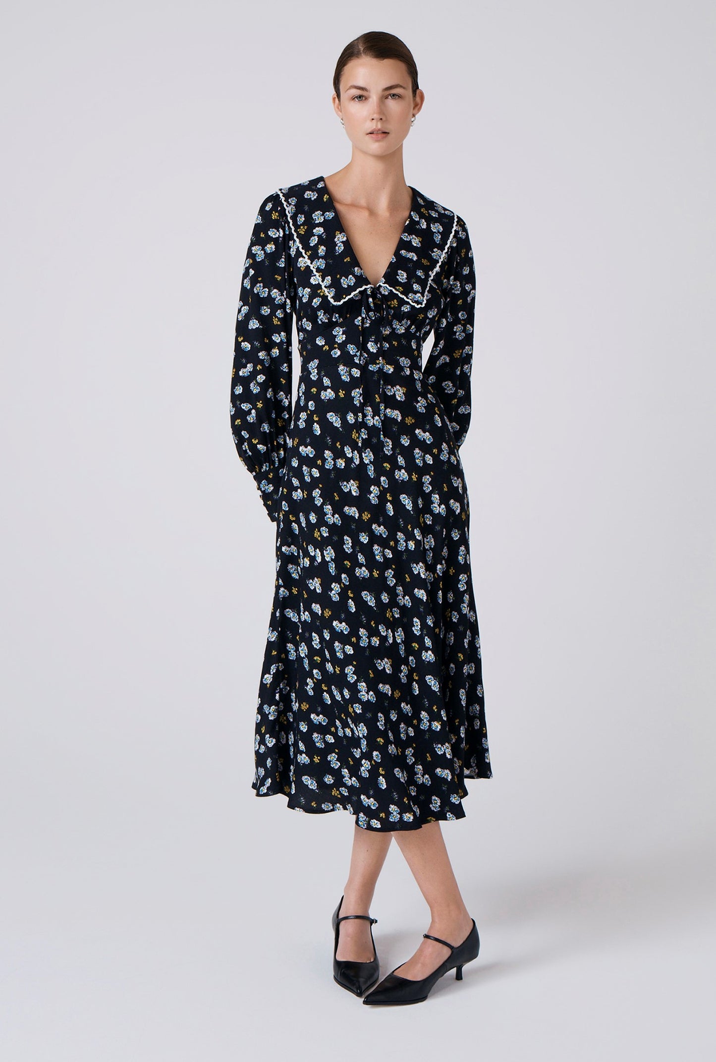 Ashley Floral Crepe Doll Neck Midi Dress