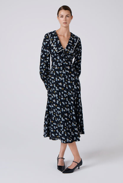 Ashley Floral Crepe Doll Neck Midi Dress