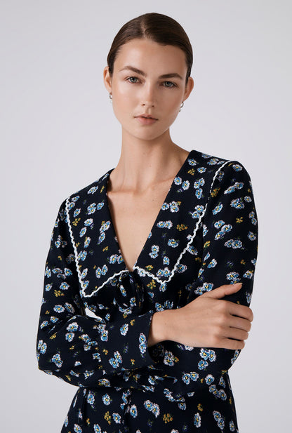 Ashley Floral Crepe Doll Neck Midi Dress