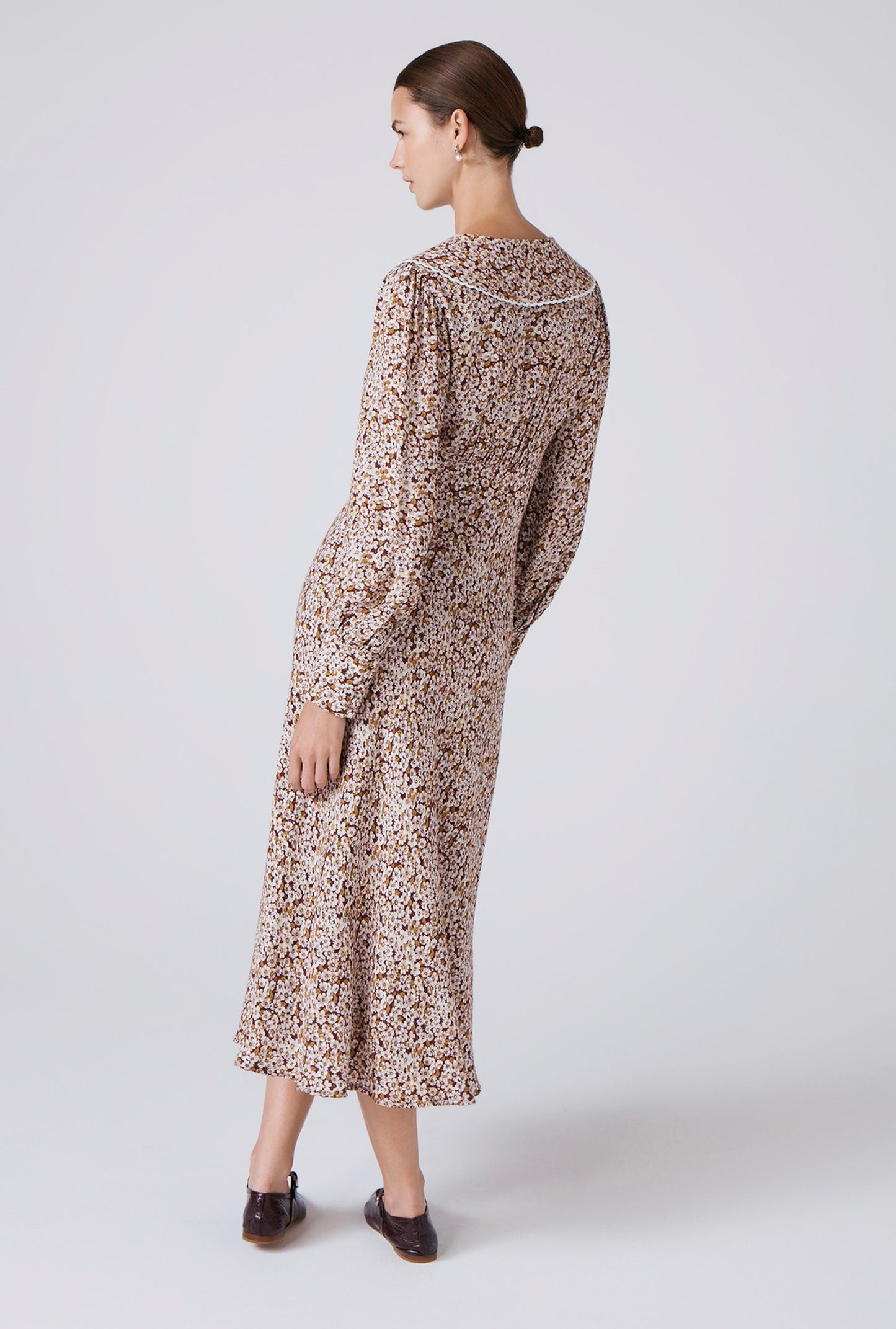 Ashley Floral Crepe Doll Neck Midi Dress