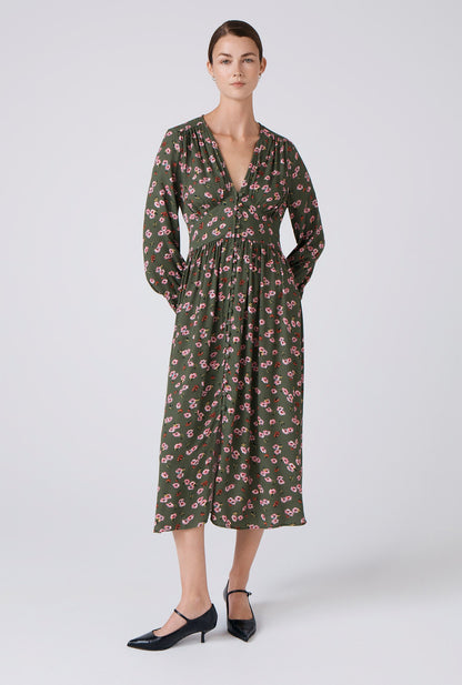 Jade Floral Crepe V Neck Midi Dress