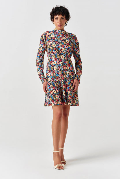 Natalia Floral Crepe Crew Neck Short Dress