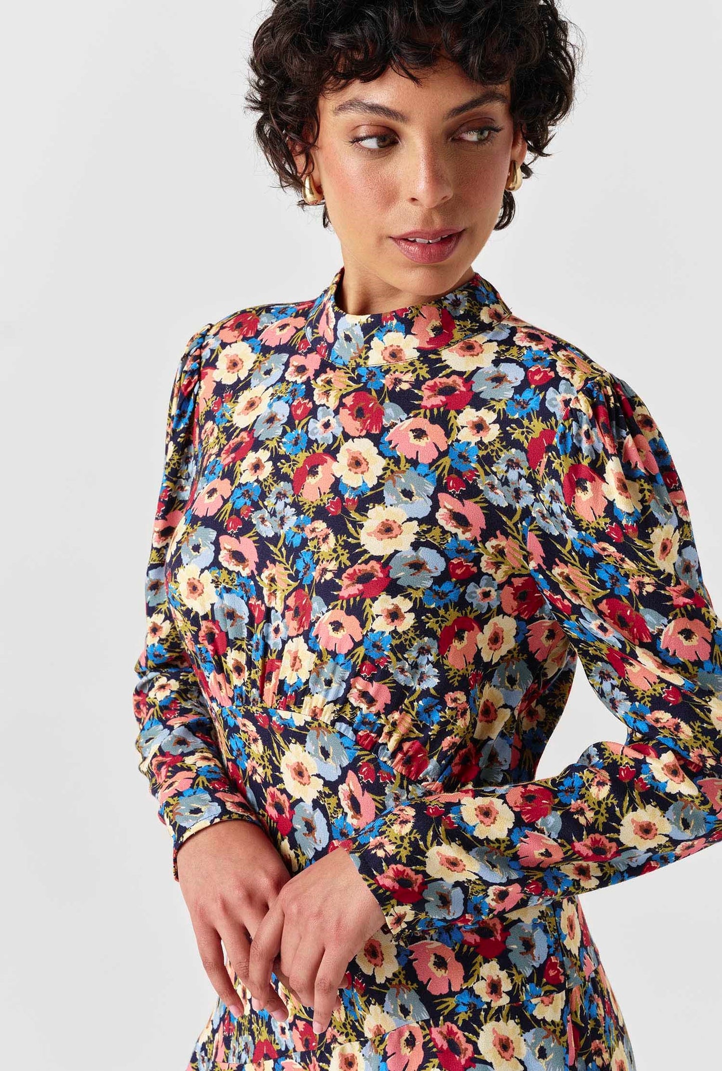 Natalia Floral Crepe Crew Neck Short Dress