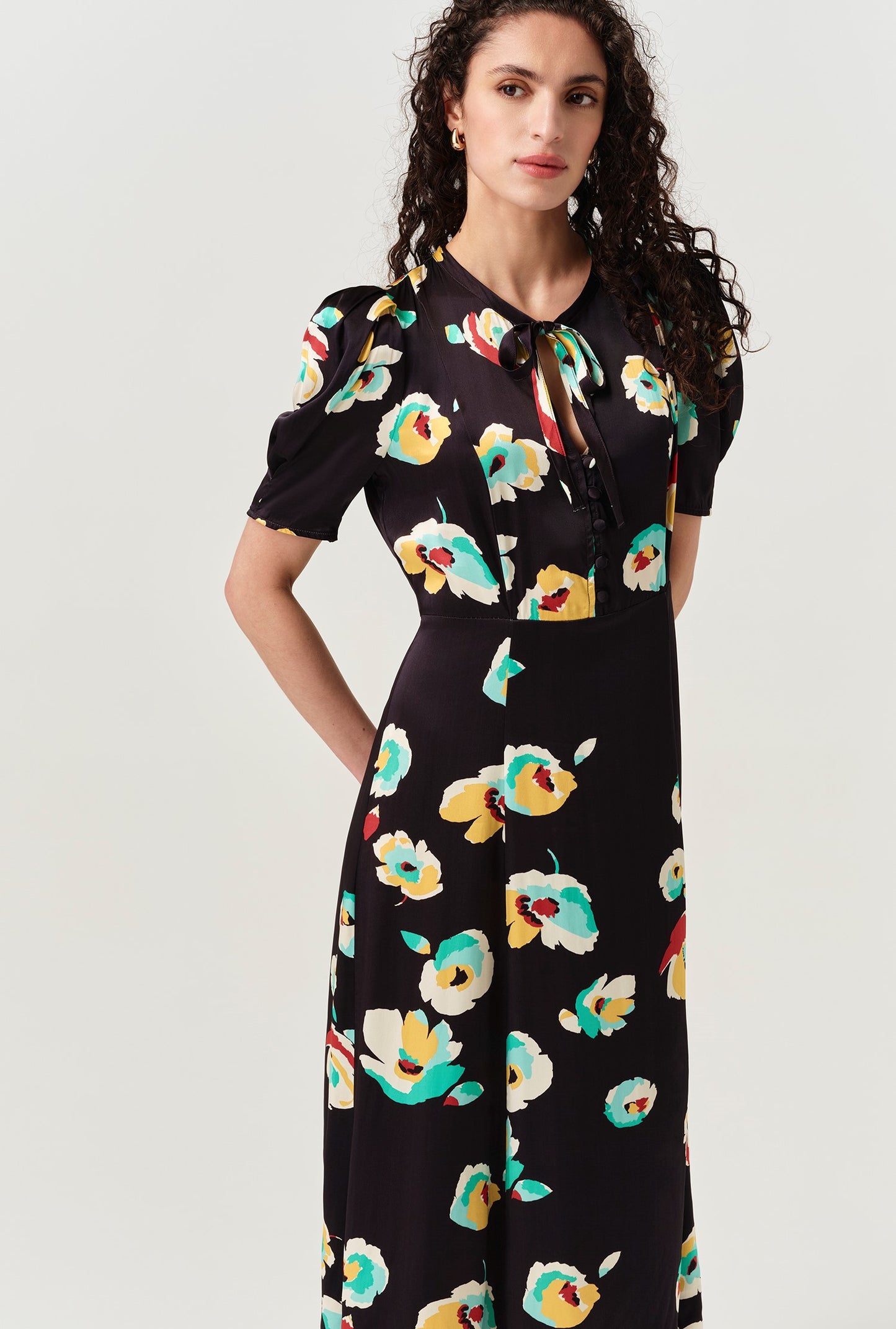 Savannah Floral Satin Midi Tea Dress