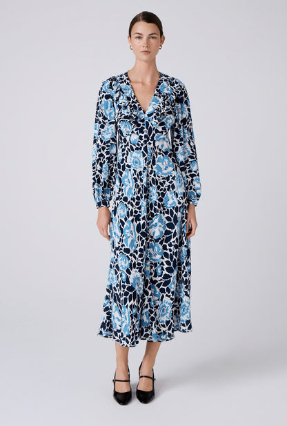 Noa Floral Crepe Frilled V Neck Midi Dress
