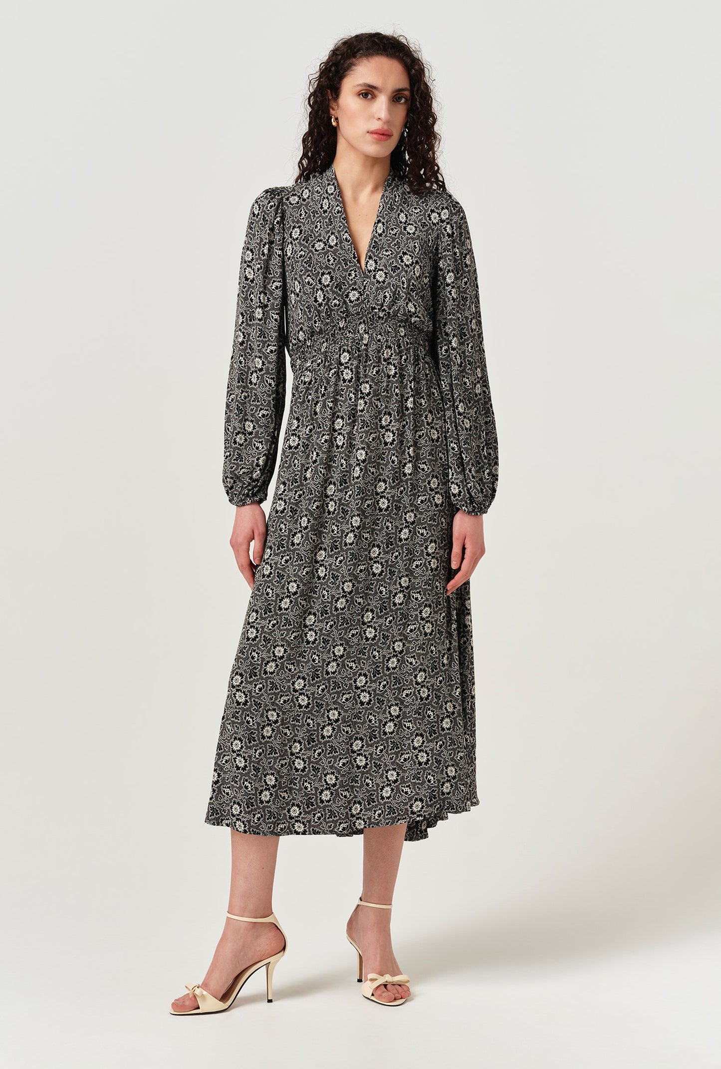 Petal Crepe V Neck Midi Waisted Dress