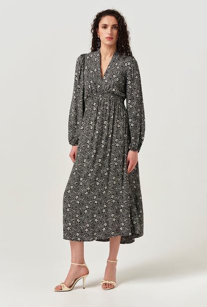 Petal Crepe V Neck Midi Waisted Dress