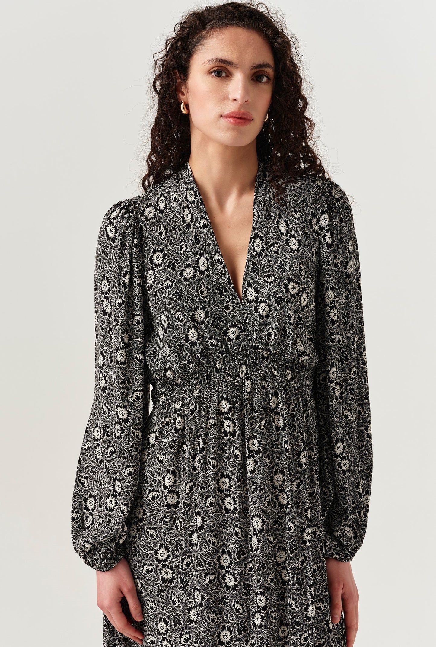 Petal Crepe V Neck Midi Waisted Dress