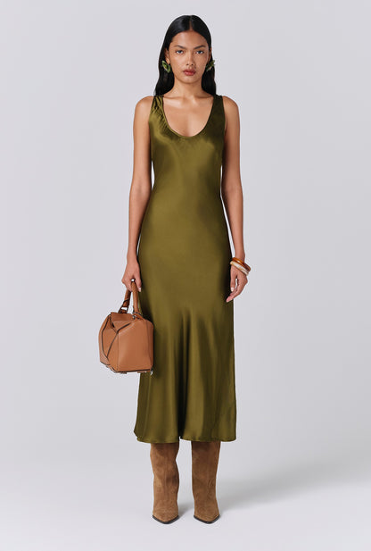 Palm Satin Scoop Neck Midi Slip Dress