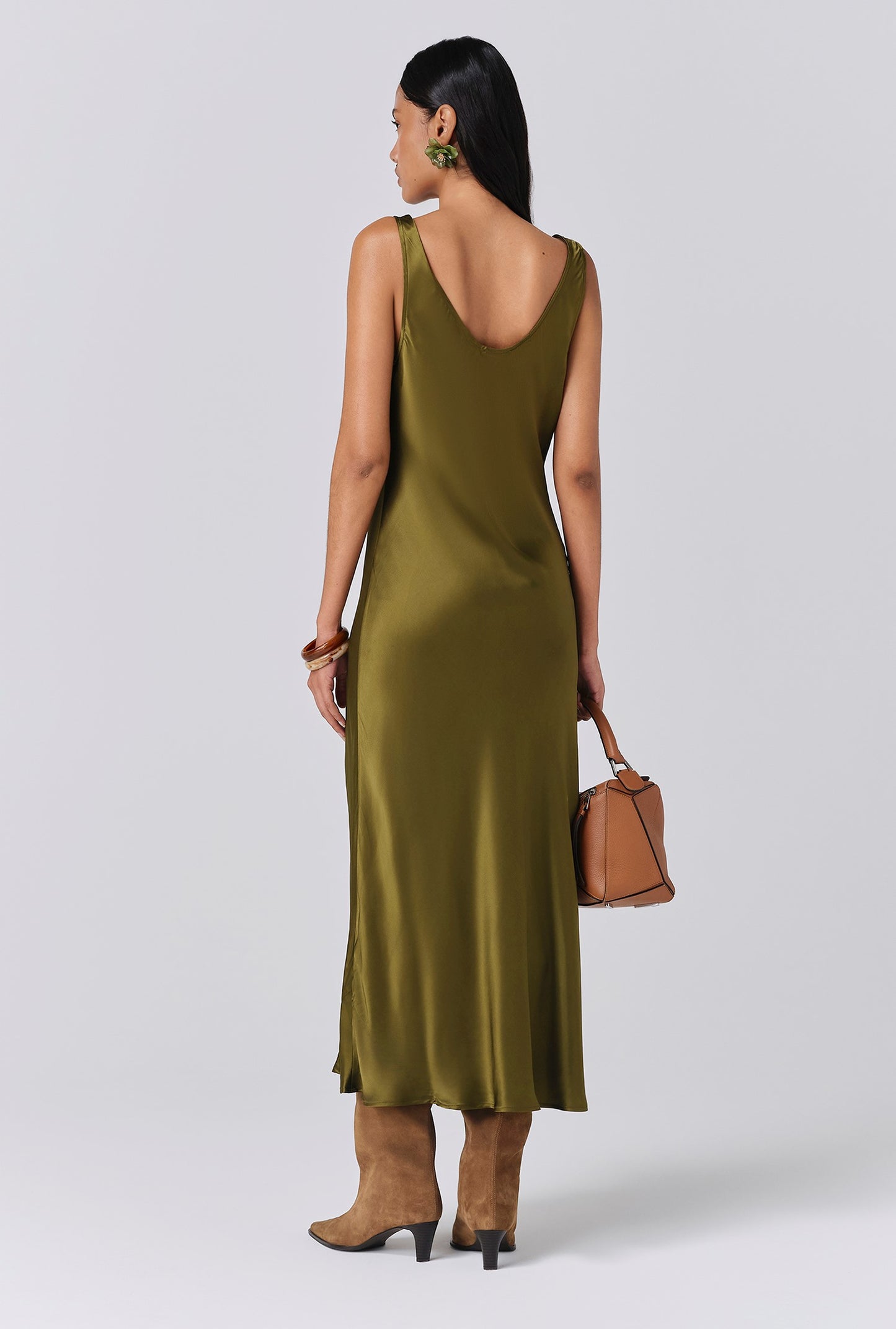 Palm Satin Scoop Neck Midi Slip Dress