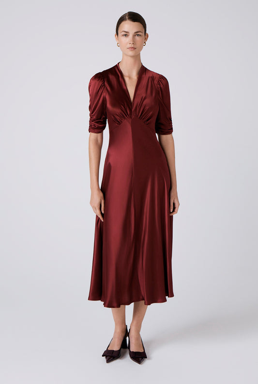Mia Satin V Neck Midi Tea Dress