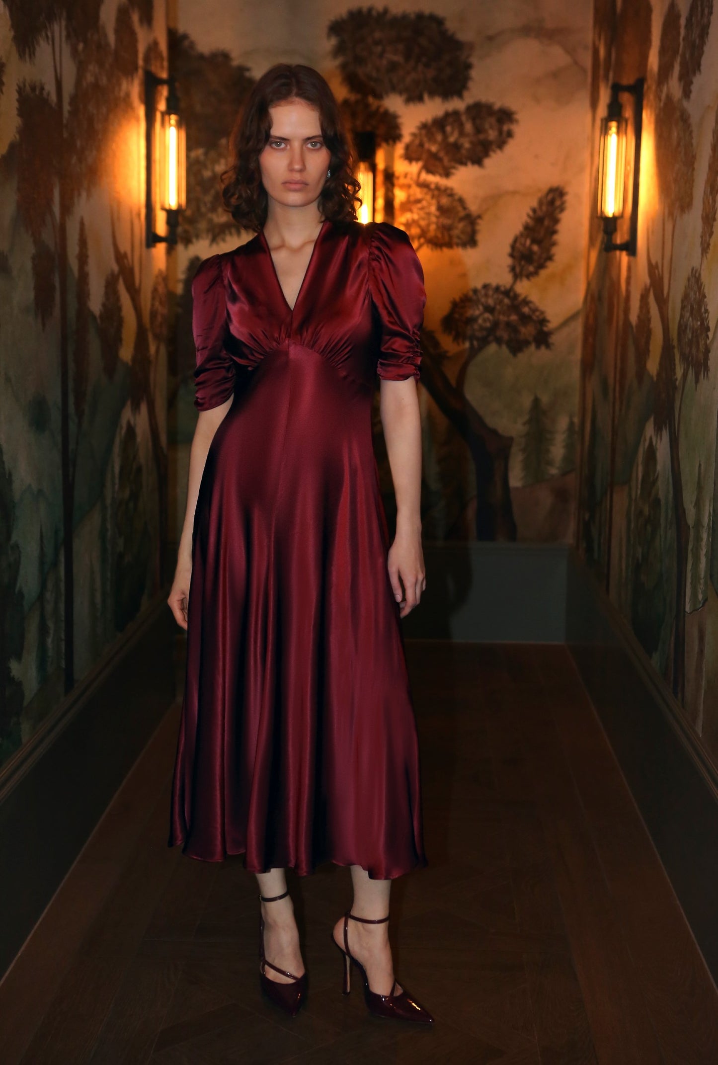 Mia Satin V Neck Midi Tea Dress