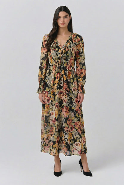 Aurora Floral Crepe V Neck Midi Dress