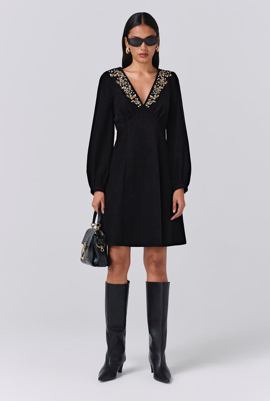 Eliza Embroidered Corduroy Short Dress