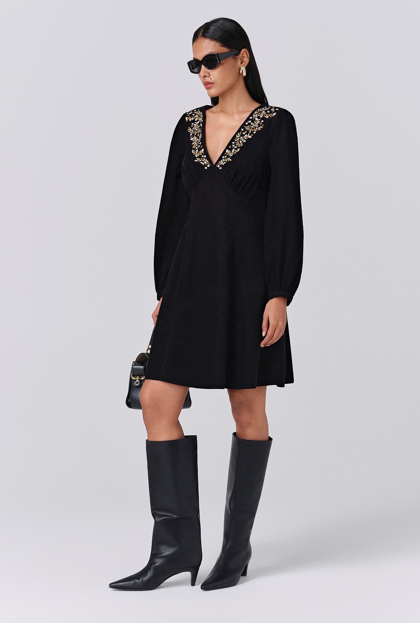 Eliza Embroidered Corduroy Short Dress