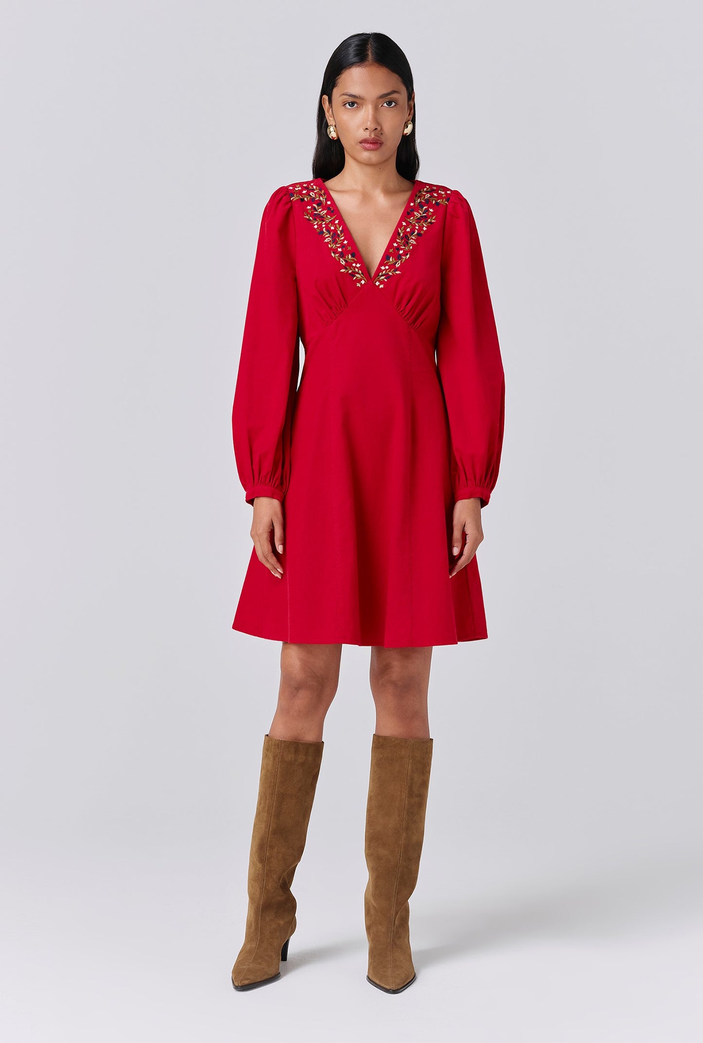 Eliza Embroidered Corduroy Short Dress