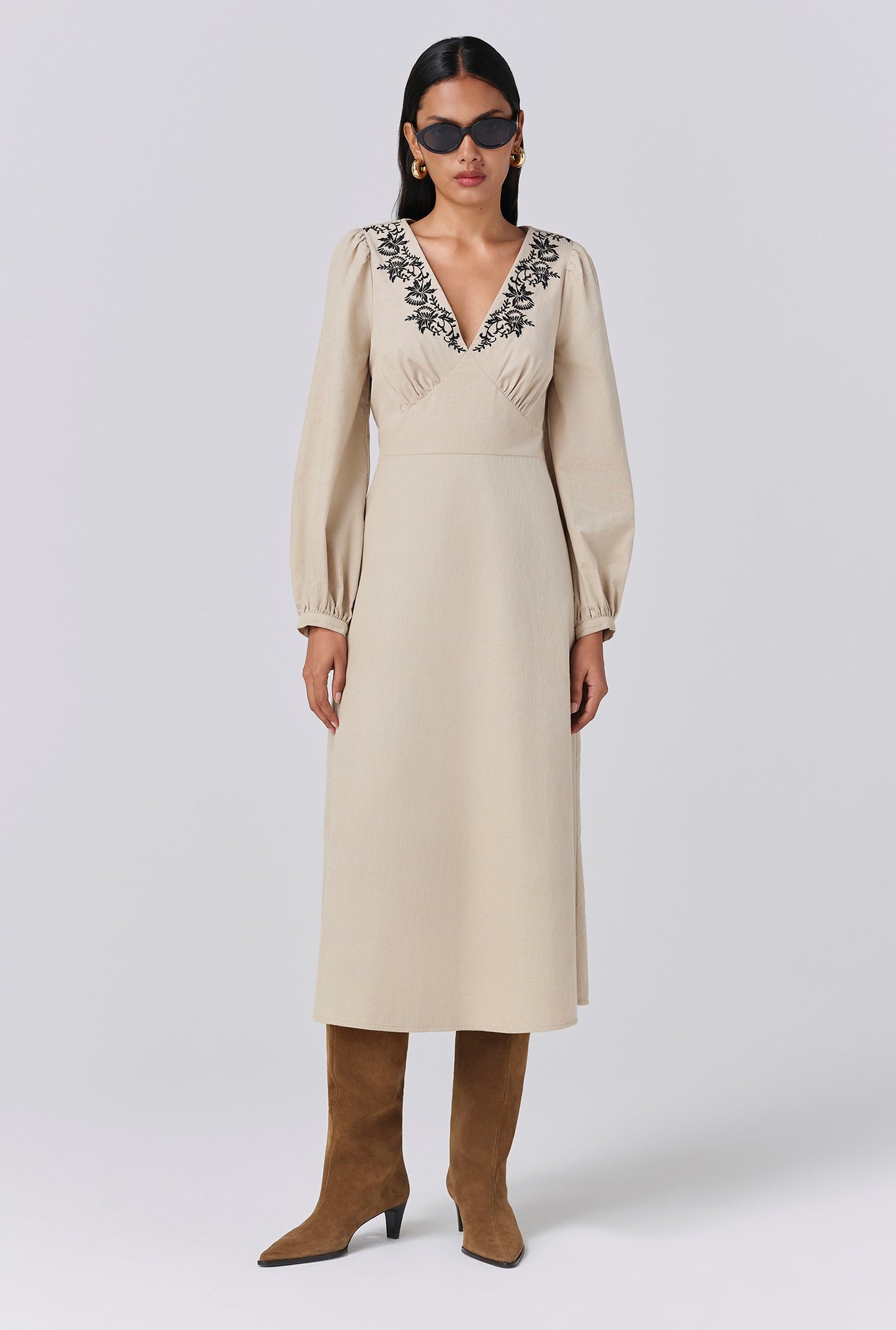 Sienna Embroidered Corduroy Midi Dress