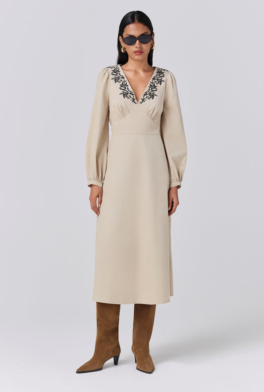 Sienna Embroidered Corduroy Midi Dress