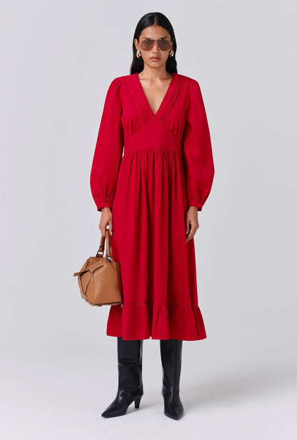 Gracie Corduroy V Neck Tiered Midi Dress