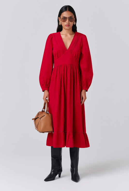 Gracie Corduroy V Neck Tiered Midi Dress