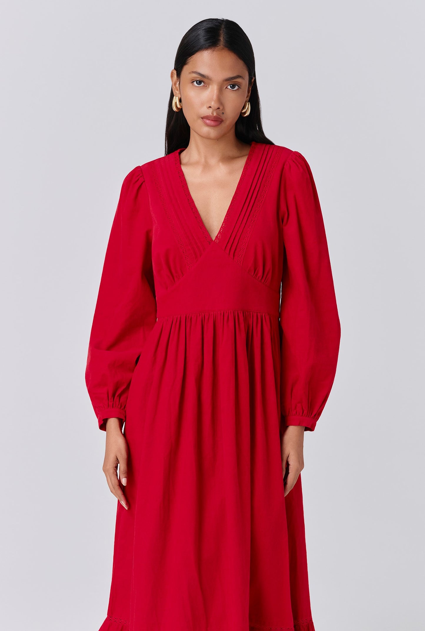 Gracie Corduroy V Neck Tiered Midi Dress