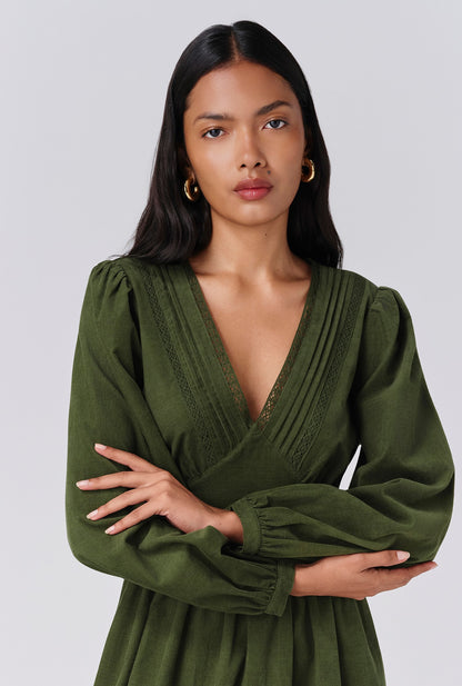 Gracie Corduroy V Neck Tiered Midi Dress