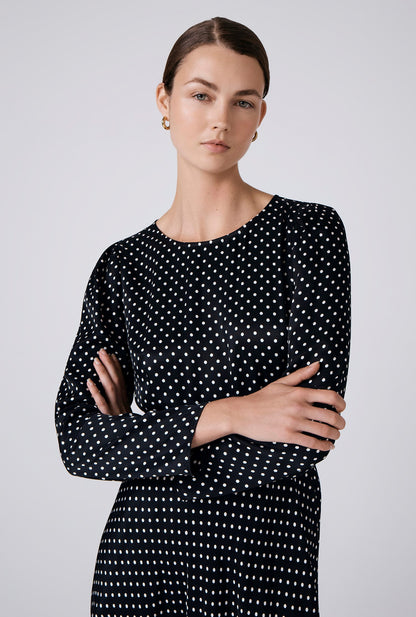 Sophia Polka Dot Satin Midi Belted Dress