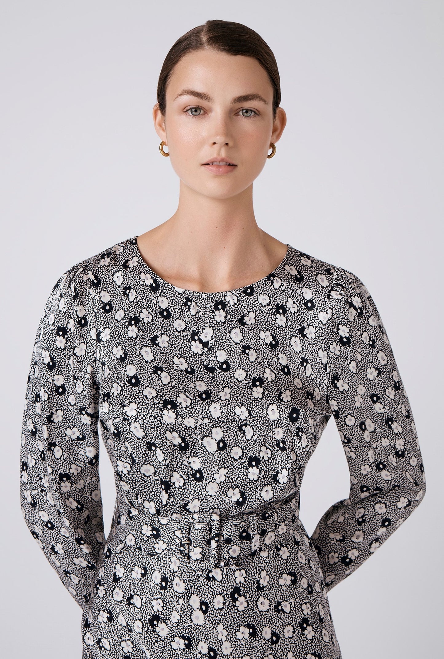 Sophia Floral Satin Midi Belted Dress