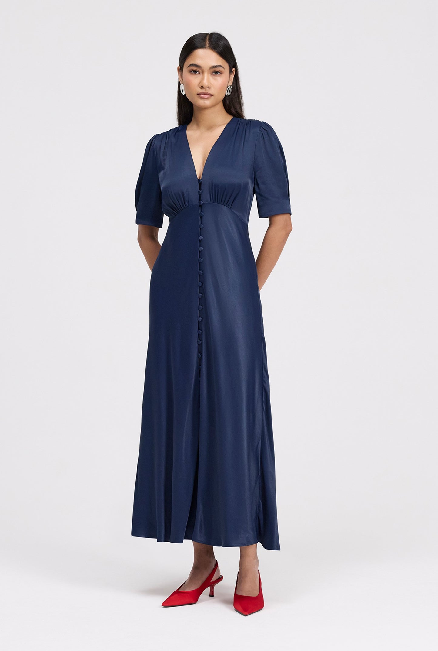 Madison Classic Button Through Satin Midi Dress