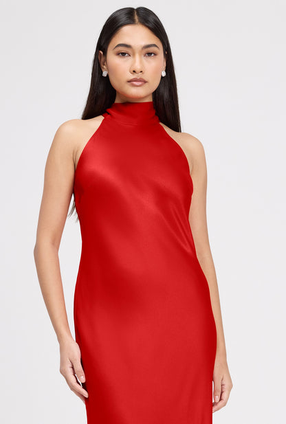 Angelica Premium High Neck Satin Maxi Dress