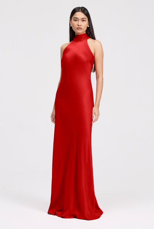 Angelica Premium High Neck Satin Maxi Dress