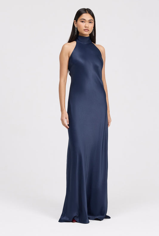 Angelica Premium High Neck Satin Maxi Dress
