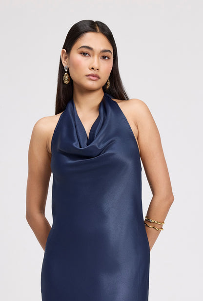 Elara Cowl Front Satin Maxi Dress