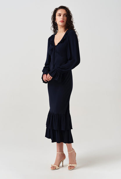 Melina Crepe Ruffle Hem Midi Dress